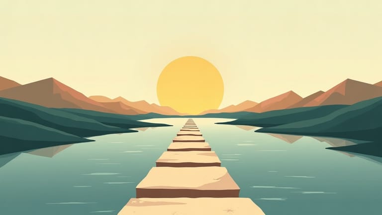 Editorial illustration: stepping stones across calm water toward a sunrise